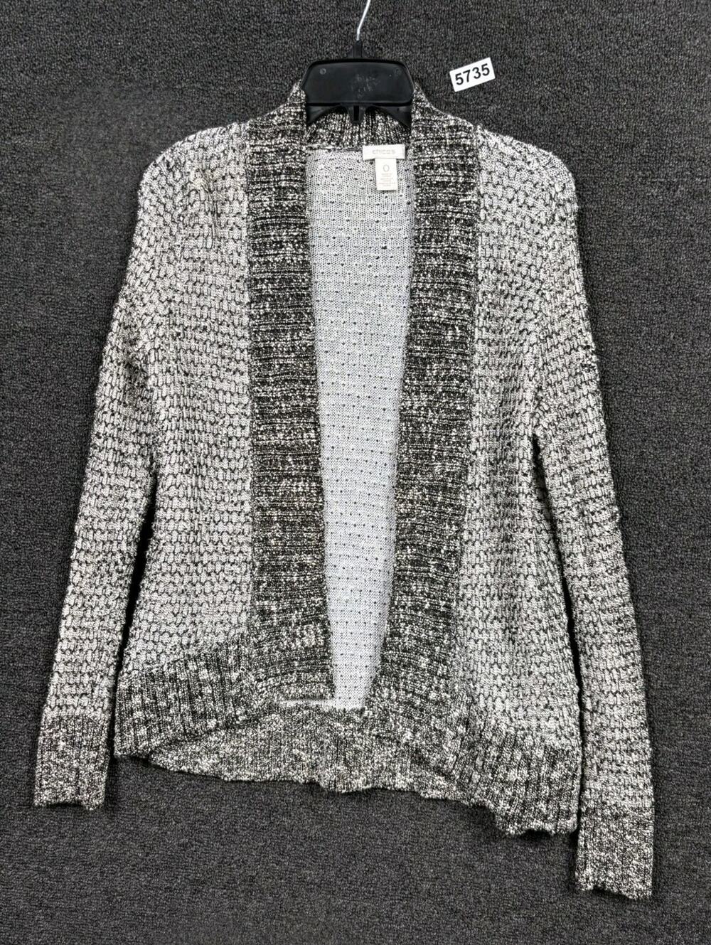 Chico’s Open Front Textured Overlay Jacket Womens 0 US 4 Gray Multi Long Sleeve